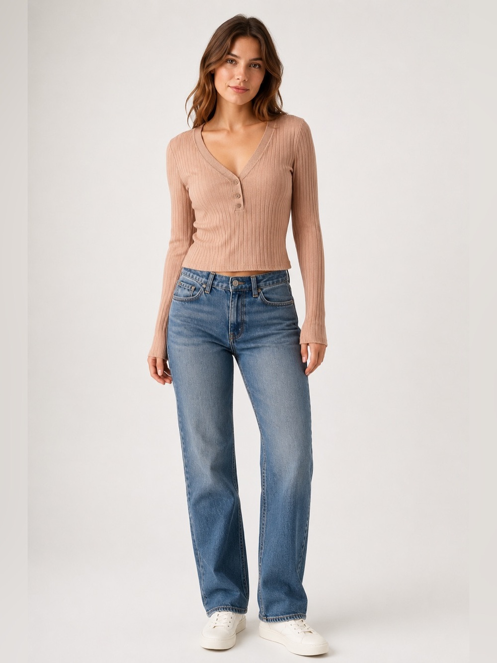 Forever 21 Women’s Ribbed Henley Crop Top | Long Sleeve | Beige/Taupe | Large